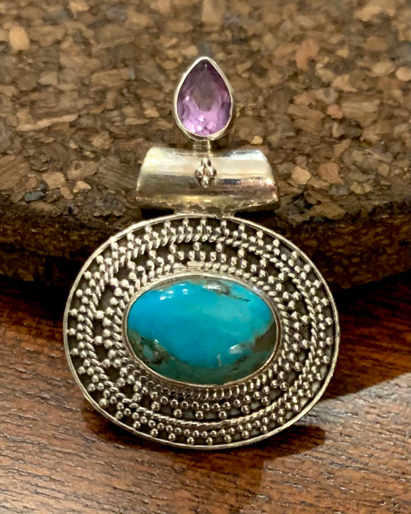 Turquoise and Amethyst Pendant set in Sterling Silver