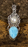 Larimar and Pearl Pendant set in Sterling Silver