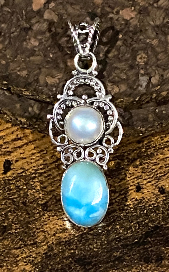 Larimar and Pearl Pendant set in Sterling Silver