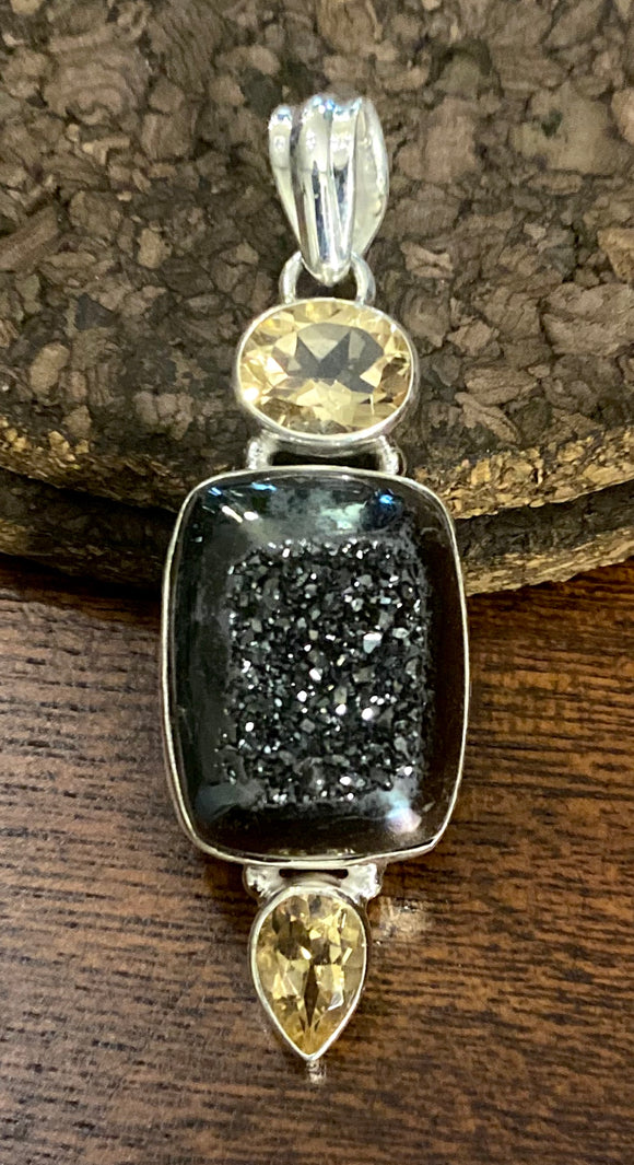 Druzy and Citrine Pendant set in Sterling Silver