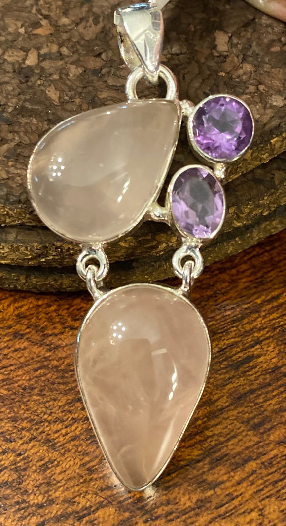 Rose Quart-Amethyst Pendant set in Sterling Silver also available in more stone options